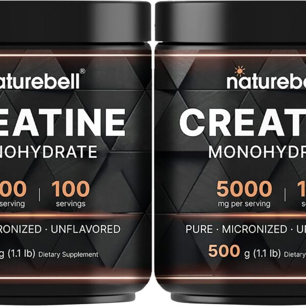NatureBell 2 Pack Instant Creatine Monohydrate Powder 500g, 5,000mg Per Serving | Micronized, Pure, & Unflavored | Pre-Workout | Keto, Vegan, Filler-Free | 200 Servings (2.2 lb)