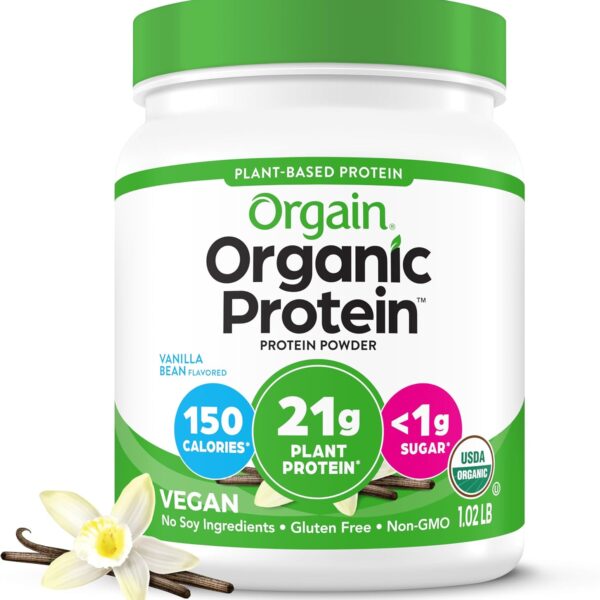 Orgain Organic Vegan Protein Powder, Vanilla Bean - 21g Plant Based Protein, 4g Prebiotic Fiber, No Lactose Ingredients, No Added Sugar, Non-GMO, For Shakes & Smoothies, 1.02 lb (Packaging May Vary)