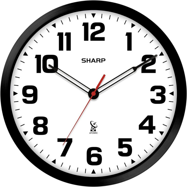 Sharp Atomic Analog Wall Clock - 12" Black Stylish Frame - Sets Automatically- Battery Operated - Easy to Read - Easy to Use  Modern Design and Style