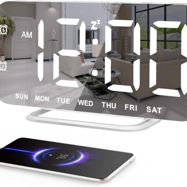 Slim LED Digital Alarm Clock, Mirror Surface for Makeup, with Diming, Large Display, Easy Setting, USB Charger Ports, Modern Bedroom, Desk, Office Living Room Decor, Christmas Birthday for Women Girl