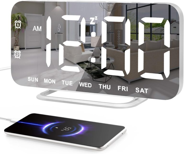 Slim LED Digital Alarm Clock, Mirror Surface for Makeup, with Diming, Large Display, Easy Setting, USB Charger Ports, Modern Bedroom, Desk, Office Living Room Decor, Christmas Birthday for Women Girl