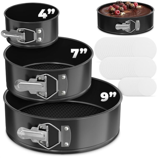 Springform Pan Set of 3, 4 7 9 Inch Cheesecake Pan, Leak Resistant Spring Form Pan for Cheesecake, Easy Release Nonstick Round Cake Pans Set with Removable Bottom, Easy-Open Latch, 60 Parchment Liners