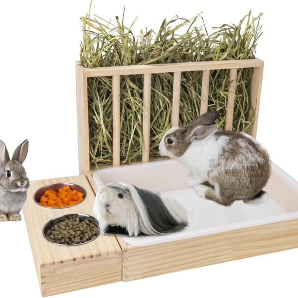 BESNEW 3 in 1 Rabbit Hay Feeder with Litter Box,Wooden Hay Feeder with 2 Bowls & Litter Box for Guinea Pig Chinchilla Bunny Other Small Animals,Large Capacity & Preventing Waste