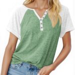 MaQiYa Womens Short Sleeve Summer Tops Henley V Neck T Shirts Casual Color Block Raglan Shirts Cotton Baseball Tunic Tees