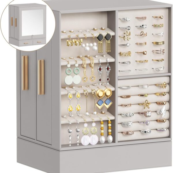 Lifewit Jewelry Box 360 Rotating, Large Adjustable Angle Mirror, Jewelry Storage Case with 6 Drawers, Open Design, Jewelry Organizer for Ring Necklace Earring Bracelet, Great Gift, Light Gray