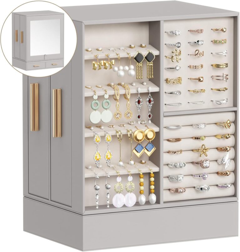 Lifewit Jewelry Box 360 Rotating, Large Adjustable Angle Mirror, Jewelry Storage Case with 6 Drawers, Open Design, Jewelry Organizer for Ring Necklace Earring Bracelet, Great Gift, Light Gray