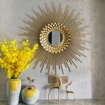 QQXX Round Sunburst Wall Mirror,Metal Wall Art,Gold Sun Mirrors for for Wall Decor,mid Century Modern Hanging Decorative Wall Mirror for Living Room Bedroom Bathroom(60cm/23.6inch, A)
