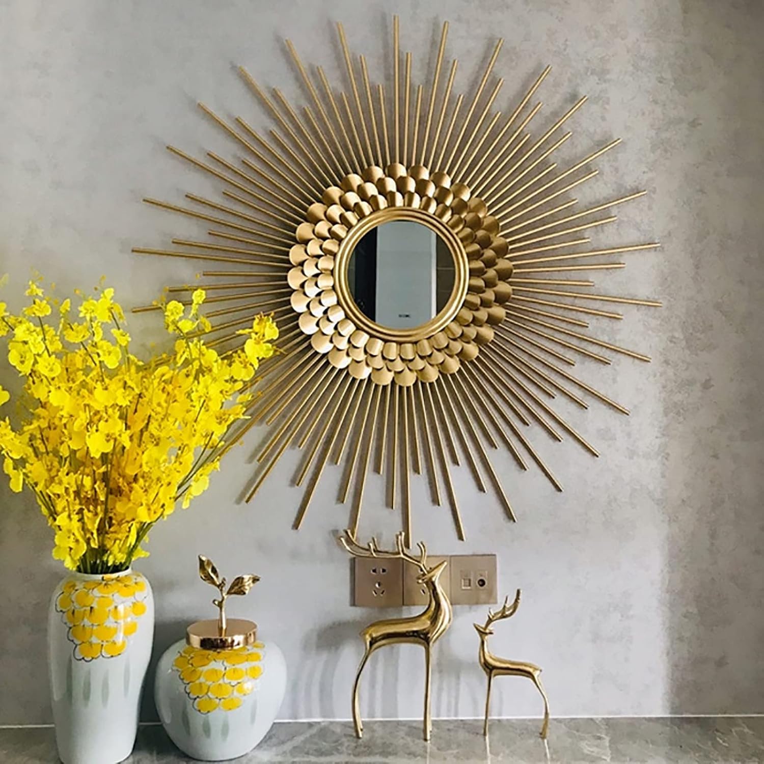 QQXX Round Sunburst Wall Mirror,Metal Wall Art,Gold Sun Mirrors for for Wall Decor,mid Century Modern Hanging Decorative Wall Mirror for Living Room Bedroom Bathroom(60cm/23.6inch, A) QQXX Round Sunburst Wall Mirror,Metal Wall Art,Gold Sun Mirrors for for Wall Decor,mid Century Modern Hanging Decorative Wall Mirror for Living Room Bedroom Bathroom(60cm/23.6inch, A)