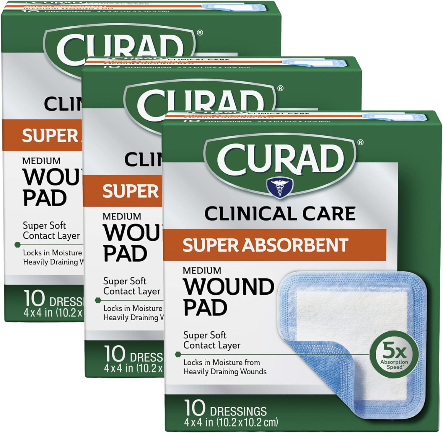 Curad Super Absorbent Wound Pad, Medium, 4" x 4", 10 Count, 3 Pack Curad Super Absorbent Wound Pad, Medium, 4" x 4", 10 Count, 3 Pack