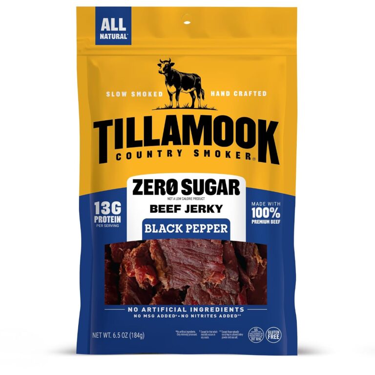 Tillamook Country Smoker Zero Sugar Black Pepper Beef Jerky Sticks, 6.5 Oz, 14g Protein, Real Hardwood Slow-Smoked, High Protein, Low Carb Meat Snacks, Keto-Friendly, 0g Sugar & Total Carbs