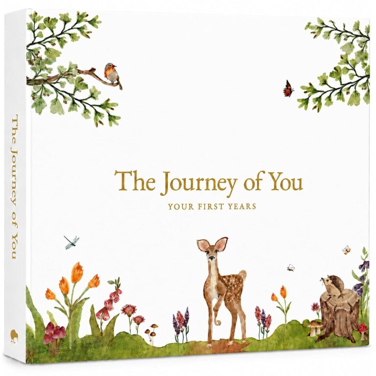 Baby Memory Book, 5-Year Milestone Journal and Keepsake Album, Gender Neutral Baby Book, Flat-Lay Hidden Wire-O Binding, FSC Archival Paper, Keepsake Gift Box, 108 Pages, Woodland Theme Scrapbook