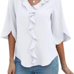 Blooming Jelly Womens Dressy Casual Blouses 3/4 Sleeve V Neck Ruffle Tops Business Ladies Summer Trendy Fashion Work Shirt