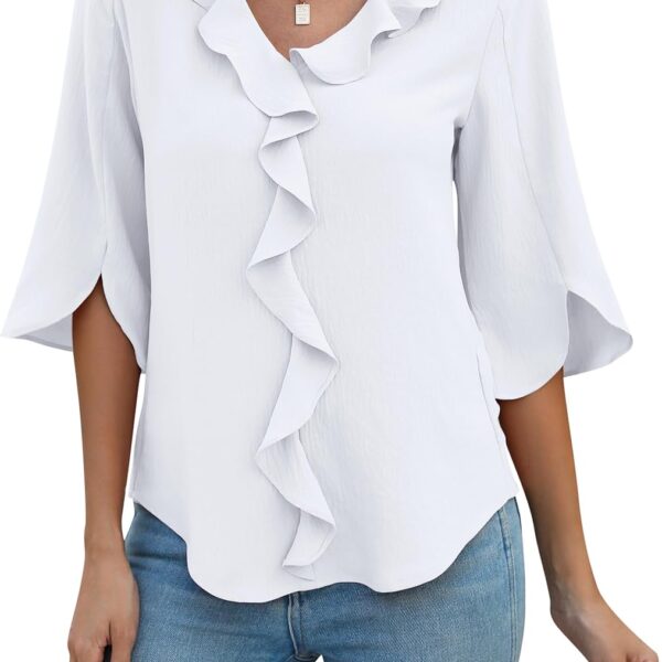 Blooming Jelly Womens Dressy Casual Blouses 3/4 Sleeve V Neck Ruffle Tops Business Ladies Summer Trendy Fashion Work Shirt