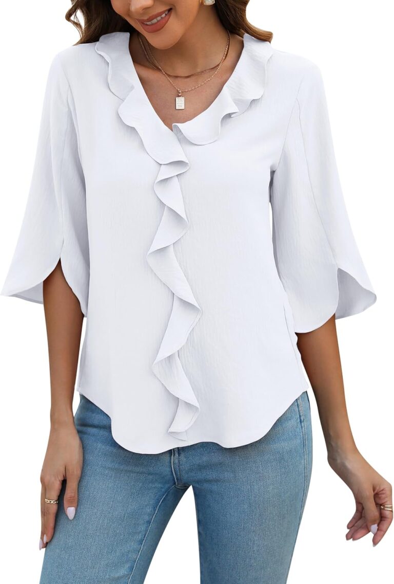 Blooming Jelly Womens Dressy Casual Blouses 3/4 Sleeve V Neck Ruffle Tops Business Ladies Summer Trendy Fashion Work Shirt