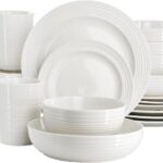 Elama Nikki 18 Piece Ribbed White Porcelain Dinnerware and Serving Bowl Set, Tableware Setting, Service for 4