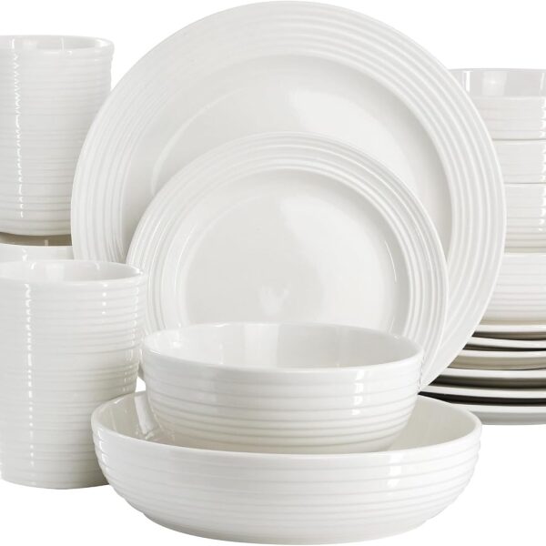 Elama Nikki 18 Piece Ribbed White Porcelain Dinnerware and Serving Bowl Set, Tableware Setting, Service for 4