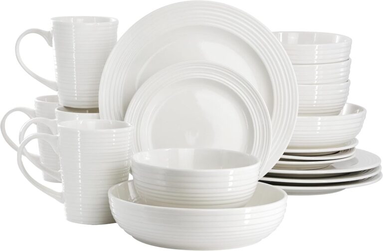 Elama Nikki 18 Piece Ribbed White Porcelain Dinnerware and Serving Bowl Set, Tableware Setting, Service for 4