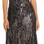 R&M Richards Women's Luxurious Sequin Embellished Gown | V-Neck Formal Beaded Maxi Dress W/Contrast Lining & Godet Skirt