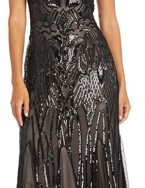 R&M Richards Women's Luxurious Sequin Embellished Gown | V-Neck Formal Beaded Maxi Dress W/Contrast Lining & Godet Skirt