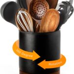 Nucookery 360Rotating Utensil Holder, 7.2" Large Utensil Crock Countertop, Black Ceramic Cooking Utensil Organizer,Spatula Spoon Holder,Farmhouse Kitchen Decor Christmas Gift (Stone Black)