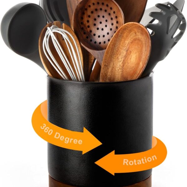 Nucookery 360Rotating Utensil Holder, 7.2" Large Utensil Crock Countertop, Black Ceramic Cooking Utensil Organizer,Spatula Spoon Holder,Farmhouse Kitchen Decor Christmas Gift (Stone Black)