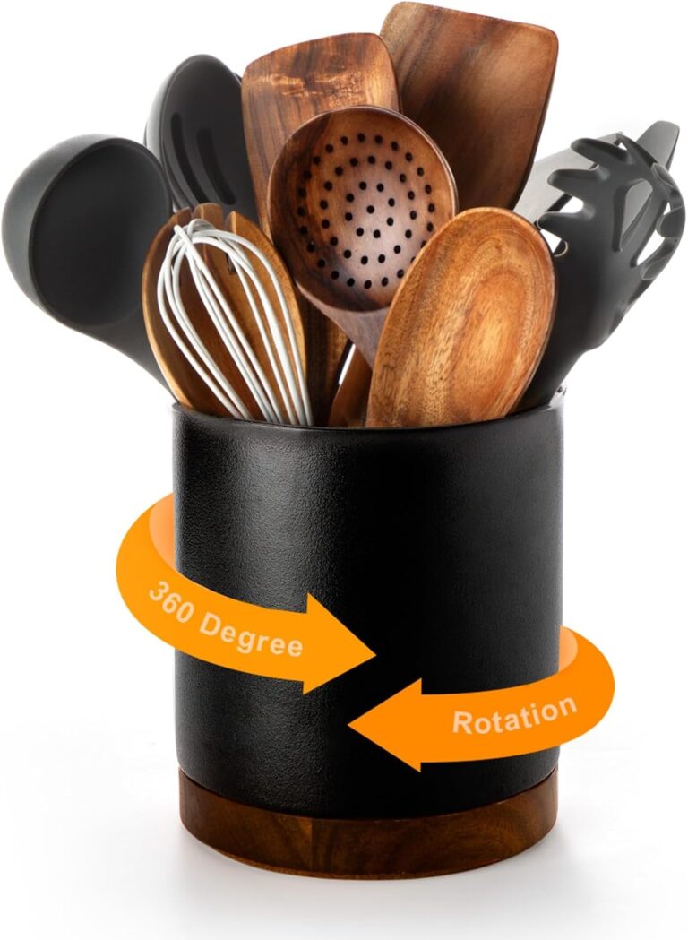 Nucookery 360Rotating Utensil Holder, 7.2" Large Utensil Crock Countertop, Black Ceramic Cooking Utensil Organizer,Spatula Spoon Holder,Farmhouse Kitchen Decor Christmas Gift (Stone Black)