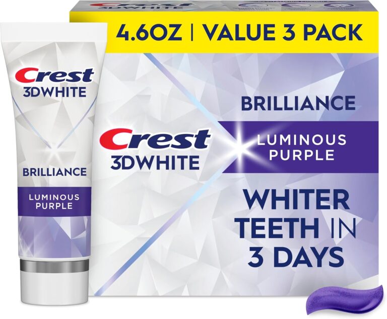 Crest 3D White Brilliance Luminous Purple Teeth Whitening Toothpaste, 4.6 oz Pack of 3, Anticavity Fluoride Toothpaste, Fights 100% More Surface Stains, 24 Hour Active Stain Prevention