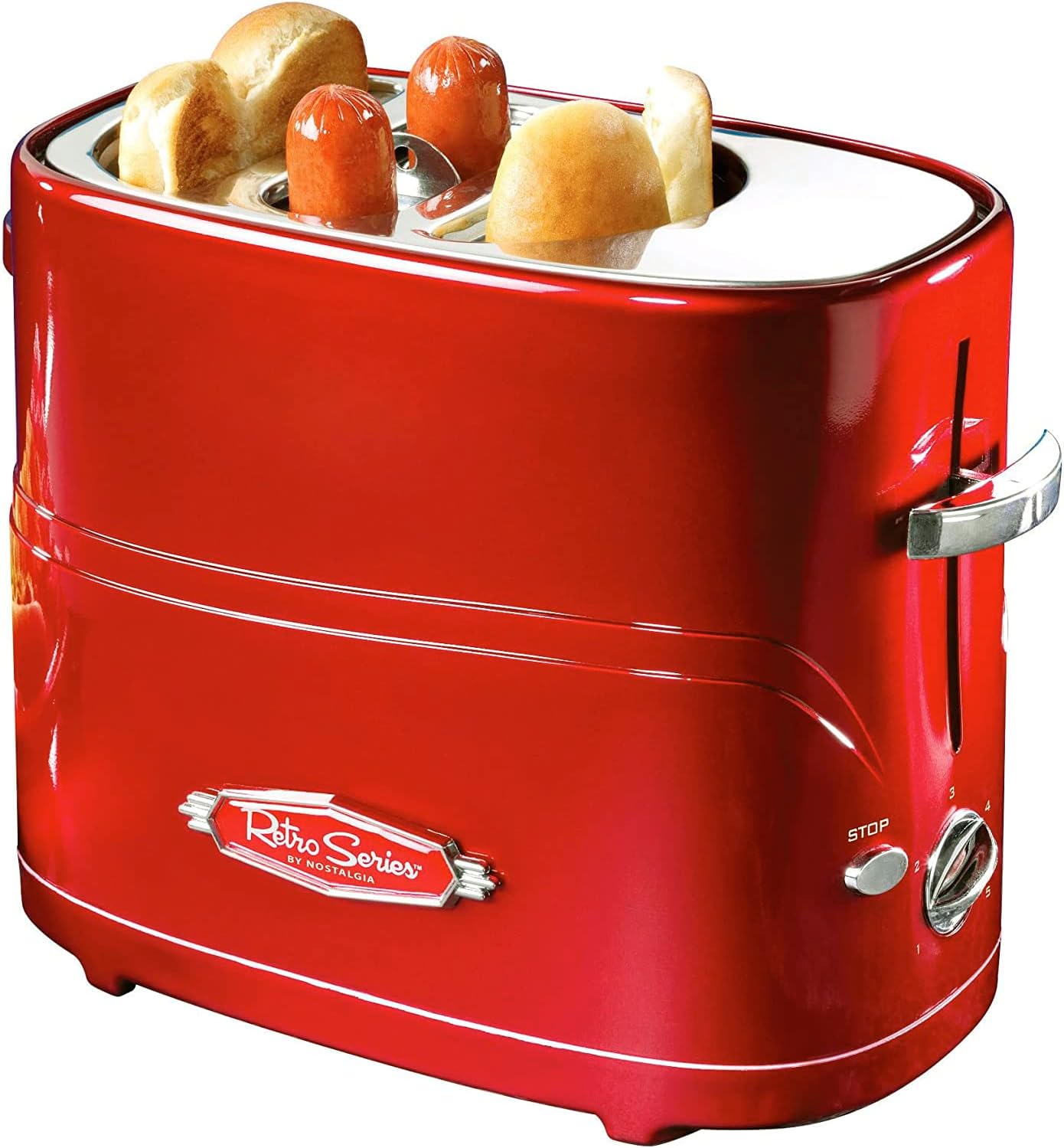 Nostalgia 2 Slot Hot Dog and Bun Toaster with Mini Tongs, Retro Hot Dog Toaster, Hot Dog Cooker that Works with Chicken, Turkey, Veggie Links, Sausages and Brats, Metallic Red Nostalgia 2 Slot Hot Dog and Bun Toaster with Mini Tongs, Retro Hot Dog Toaster, Hot Dog Cooker that Works with Chicken, Turkey, Veggie Links, Sausages and Brats, Metallic Red
