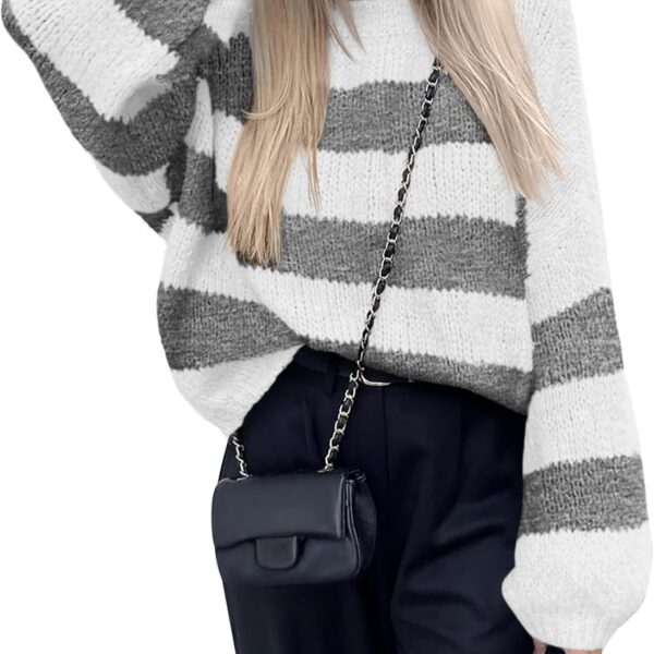 PRETTYGARDEN Womens 2024 Oversized Lantern Long Sleeve Striped Sweaters Fall Casual Crewneck Loose Chunky Knit Pullover Tops