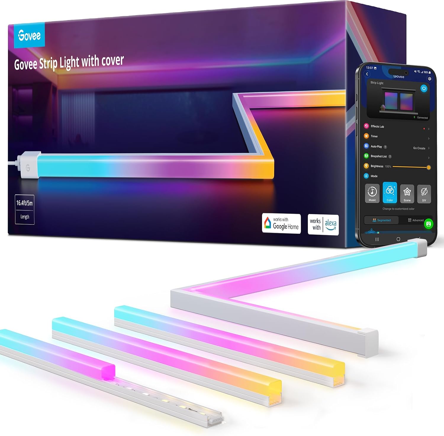 Govee RGBIC LED Strip Lights 16.4ft with Covers, Smart LED Lights for Bedroom Work with Alexa and Google Assistant, LED Diffuser Channel with Srtip Lights, Skirting Lines, Studio, Cabinet Govee RGBIC LED Strip Lights 16.4ft with Covers, Smart LED Lights for Bedroom Work with Alexa and Google Assistant, LED Diffuser Channel with Srtip Lights, Skirting Lines, Studio, Cabinet