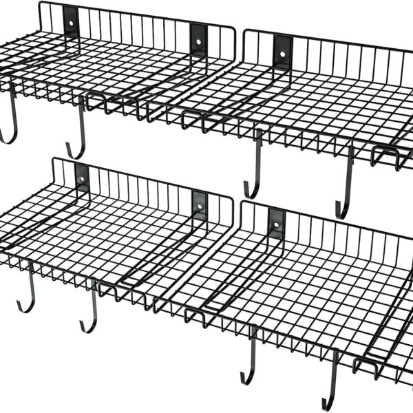 4 Pack Garage Wall Shelf, Wall Mounted Storage Shelves, Heavy Duty Metal Shelves for Room Wall, Loads 160 LBS Floating Shelves Mesh Storage Rack for Garage, Office, Basement,Wall Cabinet and Kitchen