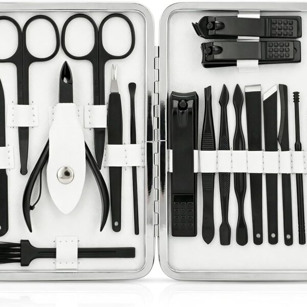 Manicure Set, Jubolion 19pcs Stainless Steel Professional Nail Clippers Pedicure Set with Black Leather Storage Case, Portable Grooming Kit for Travel or Home, Perfect Gifts Women and Men (Black)