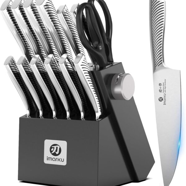imarku Knife Block Set, 14Pcs High Carbon Stainless Steel Knife Set with Block, Kitchen Knife Set Black, Dishwasher Safe, Build-in Sharpener, Gifts for Men
