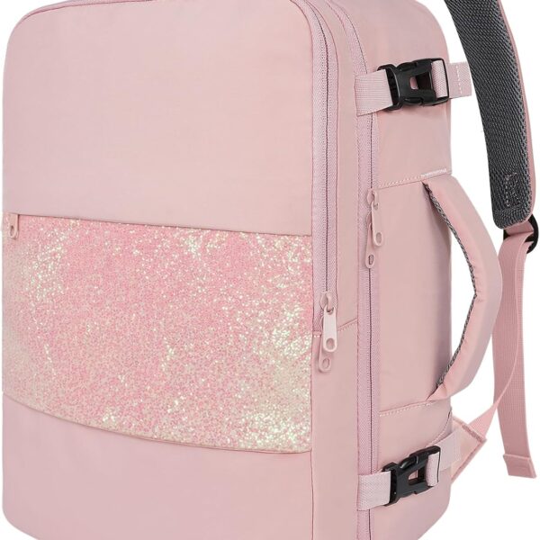 Taygeer 35L Personal Item Travel Backpack for Women, Carry on Backpack | Laptop Backpack with Water Bottle Pocket & Shoe Pouch, Airline Approved Backpack, Nurse Bag for Weekender Hiking,Pink Glitter