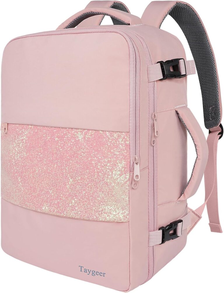 Taygeer 35L Personal Item Travel Backpack for Women, Carry on Backpack | Laptop Backpack with Water Bottle Pocket & Shoe Pouch, Airline Approved Backpack, Nurse Bag for Weekender Hiking,Pink Glitter