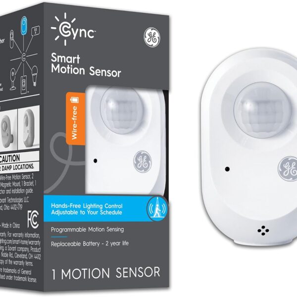 GE CYNC Wireless Smart Motion Sensor, Battery-Powered, Bluetooth Motion Sensor with Ambient Light Detection, Works with CYNC Smart Plugs, Switches and Bulbs, White