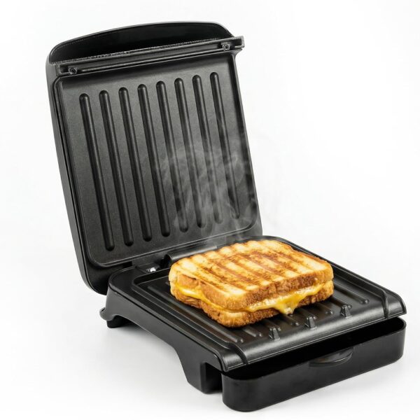 OVENTE 2-Serving Electric Indoor Grill & Panini Press with Easy Clean Non-Stick Plate Coating, Opens 90 Degrees, 10.7" x 7.7" Space Saving Design, 750W Contact Grill for Burgers & More, Black GP222B