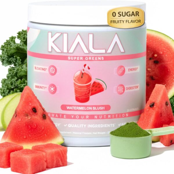 Kiala Nutrition Super Greens, Organic Greens Powder with Spirulina & Chlorella for Digestion, Gut Health, Immunity, Adaptogens, Energy, Gluten Free, Vegan, Sugar Free, Watermelon Slush, 30 Servings