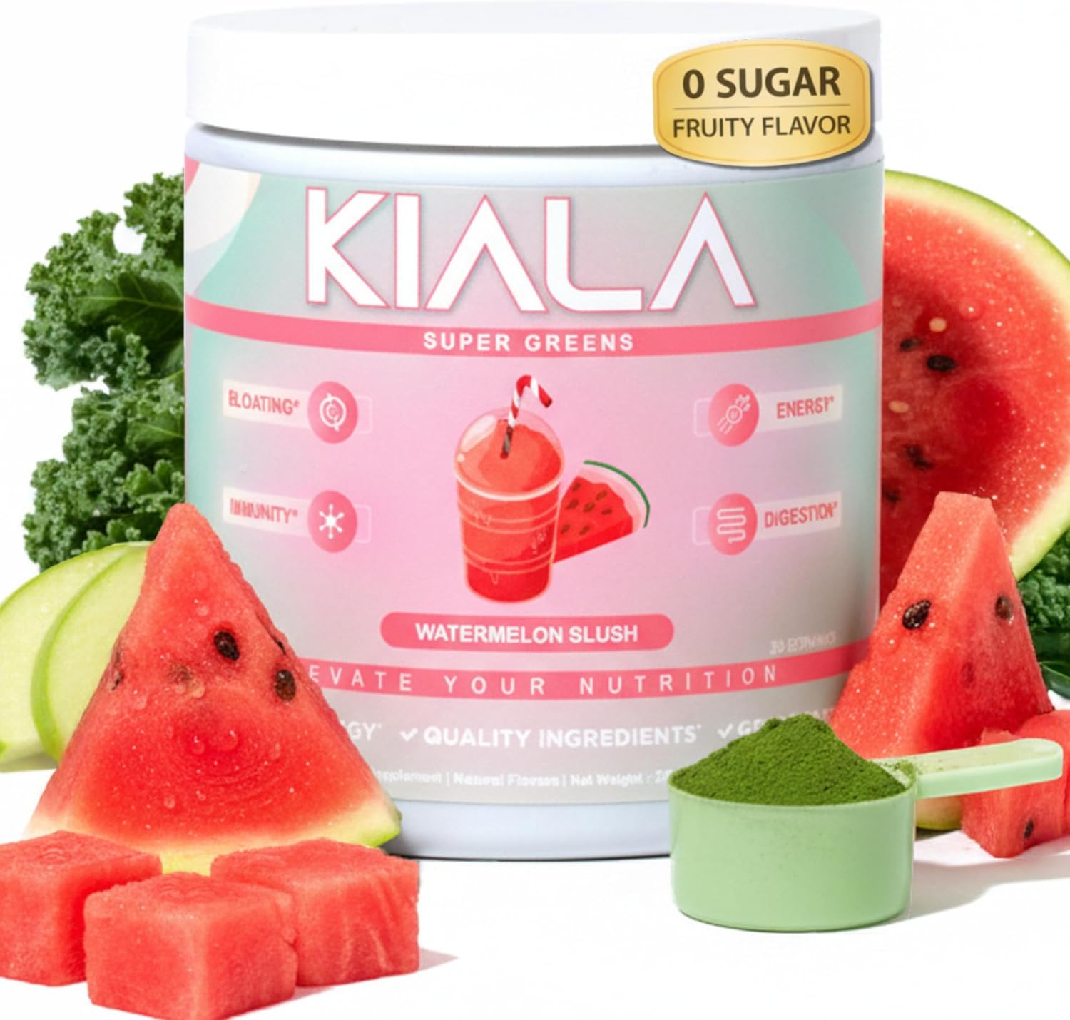 Kiala Nutrition Super Greens, Organic Greens Powder with Spirulina & Chlorella for Digestion, Gut Health, Immunity, Adaptogens, Energy, Gluten Free, Vegan, Sugar Free, Watermelon Slush, 30 Servings Kiala Nutrition Super Greens, Organic Greens Powder with Spirulina & Chlorella for Digestion, Gut Health, Immunity, Adaptogens, Energy, Gluten Free, Vegan, Sugar Free, Watermelon Slush, 30 Servings