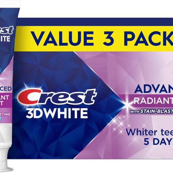Crest 3D White Advanced Teeth Whitening Toothpaste, Crest 3D White Brilliance Toothpaste, Radiant Mint, 3.3 oz, Pack of 3