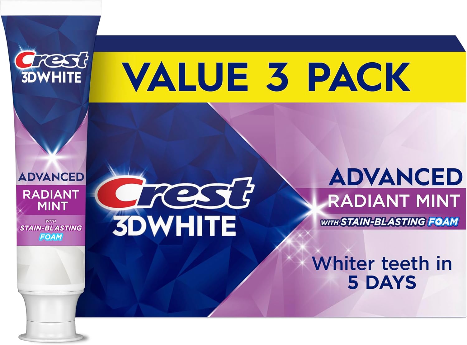 Crest 3D White Advanced Teeth Whitening Toothpaste, Crest 3D White Brilliance Toothpaste, Radiant Mint, 3.3 oz, Pack of 3 Crest 3D White Advanced Teeth Whitening Toothpaste, Crest 3D White Brilliance Toothpaste, Radiant Mint, 3.3 oz, Pack of 3