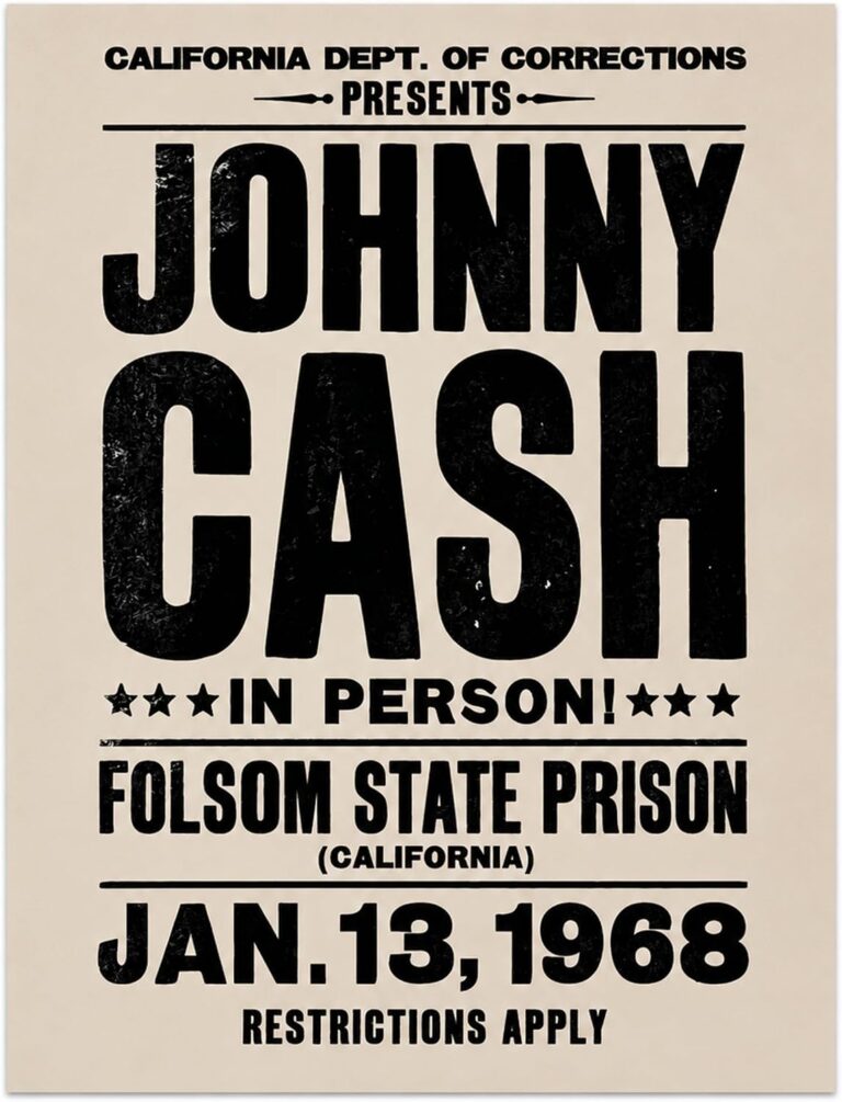 Johnny Cash Folsom Prison 1968 Vintage Concert Poster Wall Art  unframed 11x14  Retro Music Decor for Man Cave, Home Office, Bedroom & Garage  Ready to Hang  Premium Luster Photo Print, Black Frame