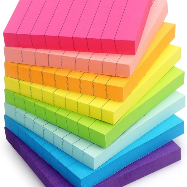 Eastern Wolf 8 Pads Lined Sticky Notes 3x3 Sticky Notes with Lines Self-Stick Note Pads 8 Bright Multi Colors, 85 Sheets/Pad