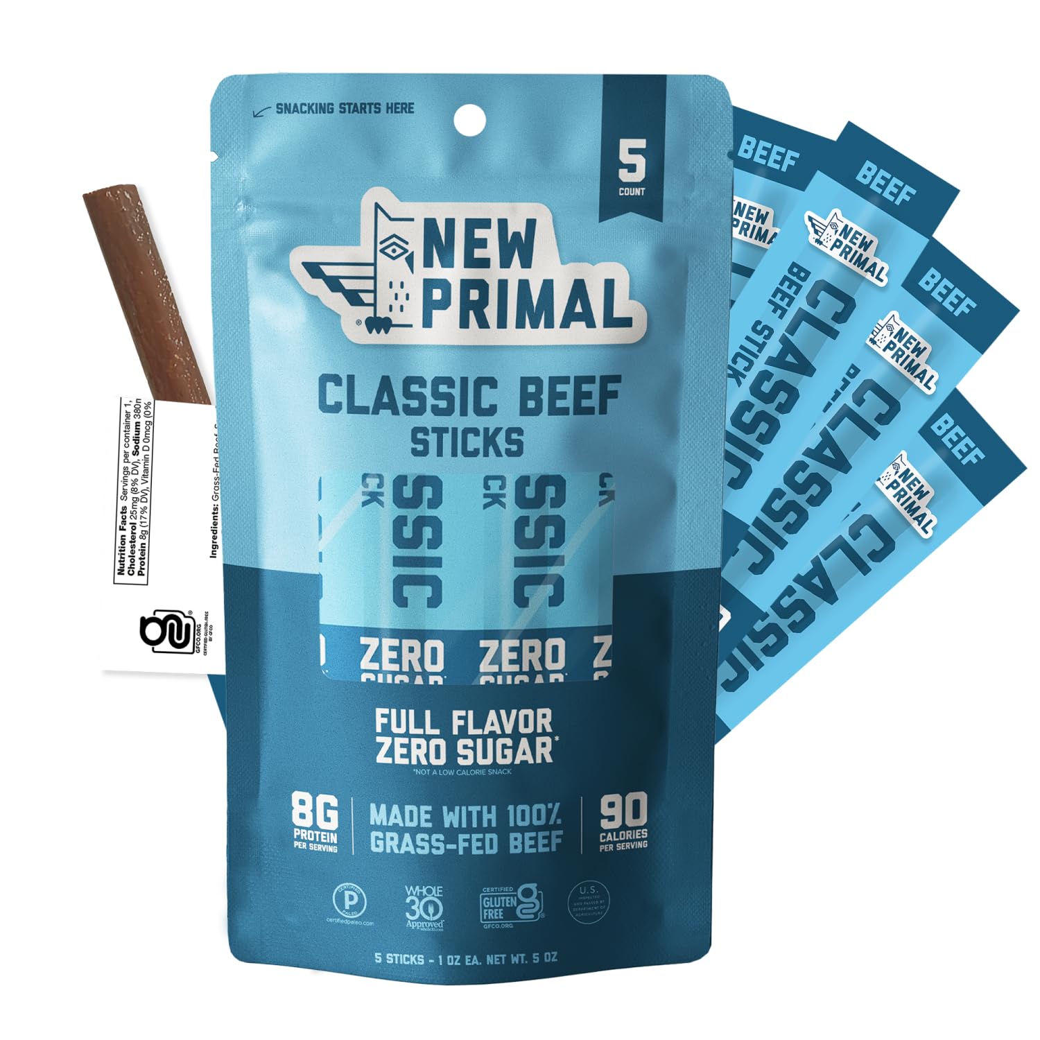 The New Primal Grass Fed Beef Sticks, Keto, Gluten Free Healthy Snacks for Adults, Sugar Free Low Carb High Protein Snack, Paleo Whole30 Jerky Meat Stick, 8g Protein, 90 Calories, 5 Pack The New Primal Grass Fed Beef Sticks, Keto, Gluten Free Healthy Snacks for Adults, Sugar Free Low Carb High Protein Snack, Paleo Whole30 Jerky Meat Stick, 8g Protein, 90 Calories, 5 Pack