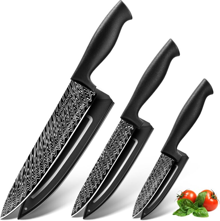 Gourmetop Kitchen Knife Set 3 Pcs Black Stainless Steel with Sheaths | 8'' Chef Knife, 5'' Utility, 3.5'' Paring, Damascus Pattern, With Cover & Sheath