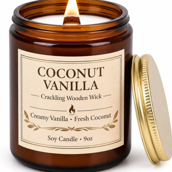 Coconut Vanilla Scented Candles for Home, 9oz Long Burning Soy Candles for Women, Wood Wick Natural Non Toxic Candle Jar, Aromatherapy Candle Gift for Home Bedroom Bathroom Office