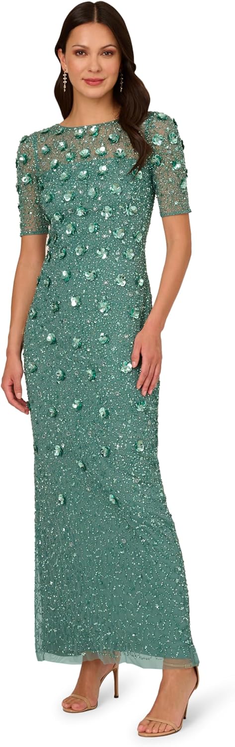 Adrianna Papell Womens Beaded Long 3D Floral Dress Adrianna Papell Womens Beaded Long 3D Floral Dress