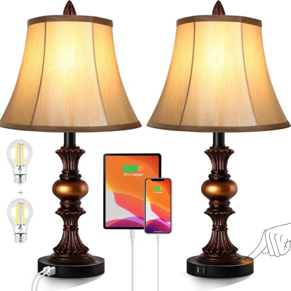 Touch Control Traditional Table Lamp Set of 2, Vintage Bedside Lamps with Dual USB Charging Ports, 3-Way Dimmable Bronze Finish Desk Lamps with Bell Shape Faux Silk Shade for Living Room, Bedroom