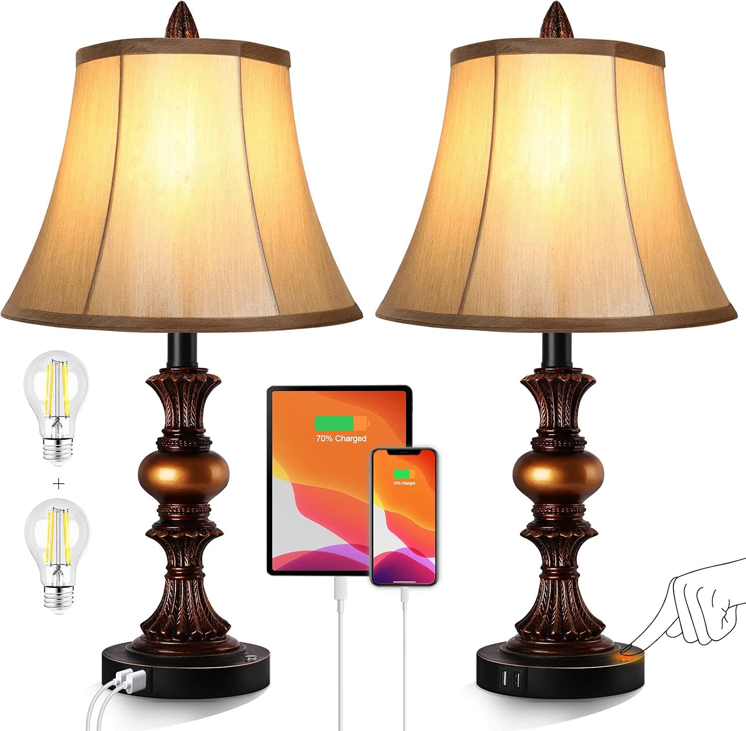 Touch Control Traditional Table Lamp Set of 2, Vintage Bedside Lamps with Dual USB Charging Ports, 3-Way Dimmable Bronze Finish Desk Lamps with Bell Shape Faux Silk Shade for Living Room, Bedroom Touch Control Traditional Table Lamp Set of 2, Vintage Bedside Lamps with Dual USB Charging Ports, 3-Way Dimmable Bronze Finish Desk Lamps with Bell Shape Faux Silk Shade for Living Room, Bedroom