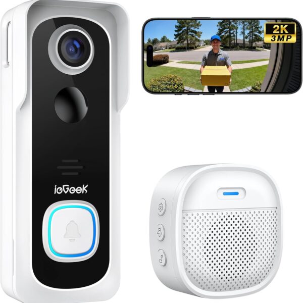 ieGeek Doorbell Camera Wireless No Subscription, 2K 3MP HD View PIR Motion Detection, Wireless Video Doorbell with Chime 2-Way Talk, Only Supports 2.4GHz WiFi, Local & Cloud Storage, White